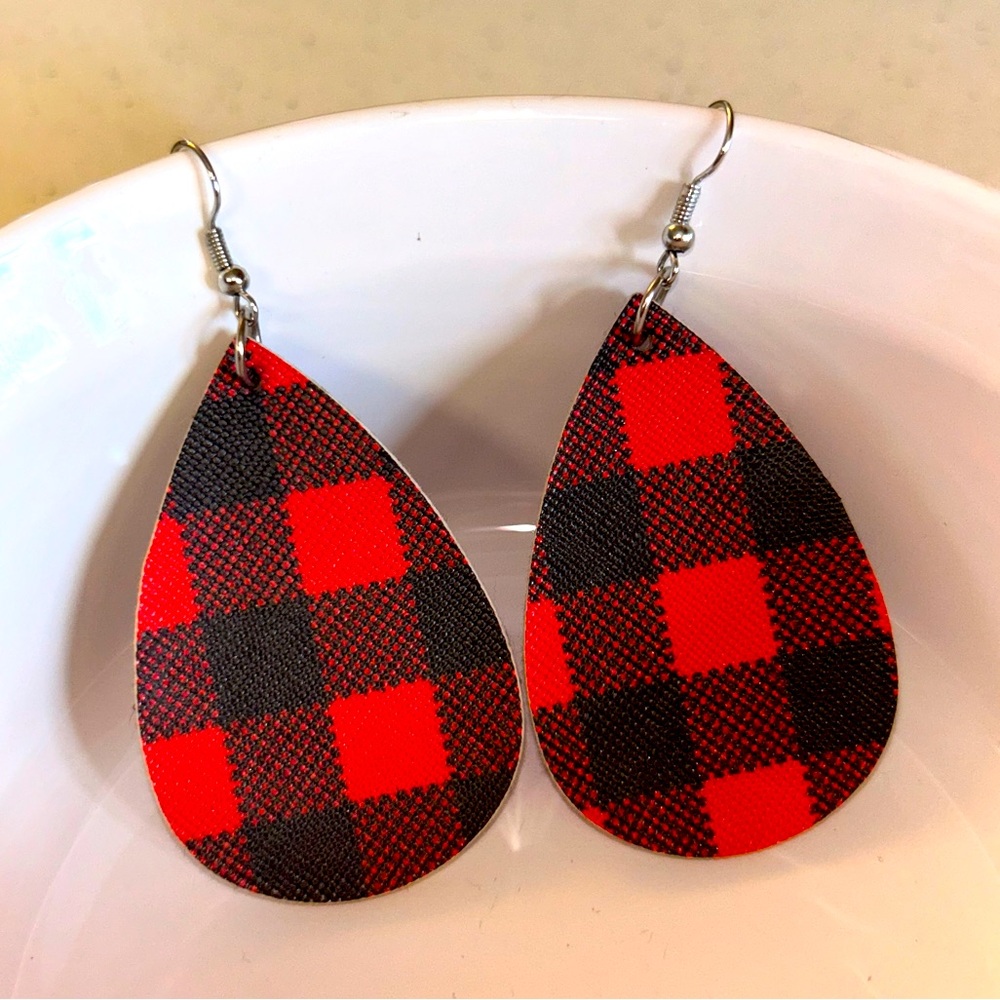 Plaid Faux Leather Dangle Earrings